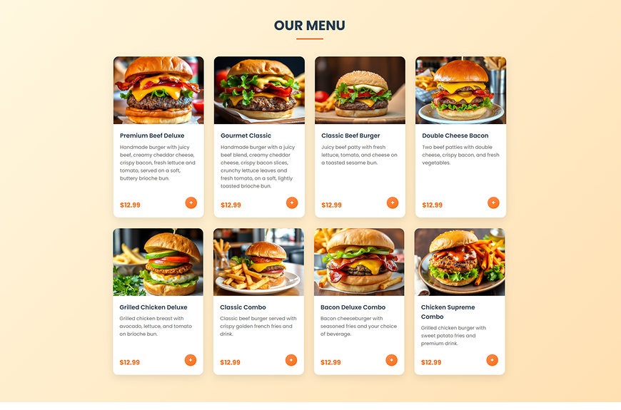 Screenshot of the Burger.fy Menu Section