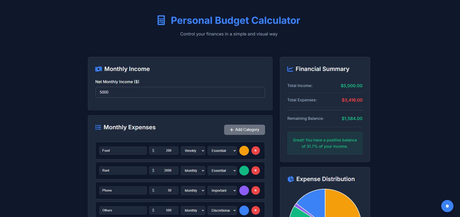 The budget calculator in dark mode