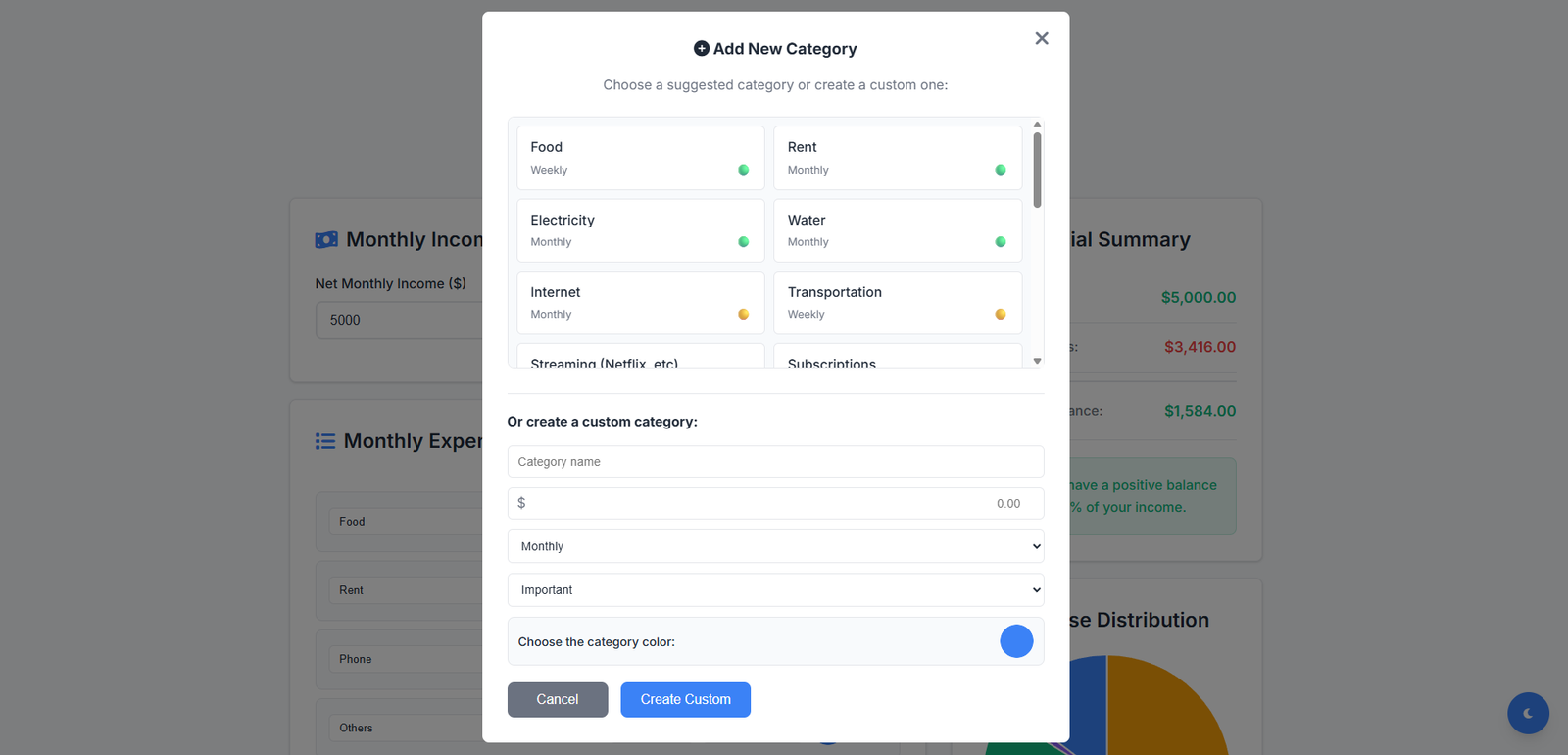 Modal for adding a new category