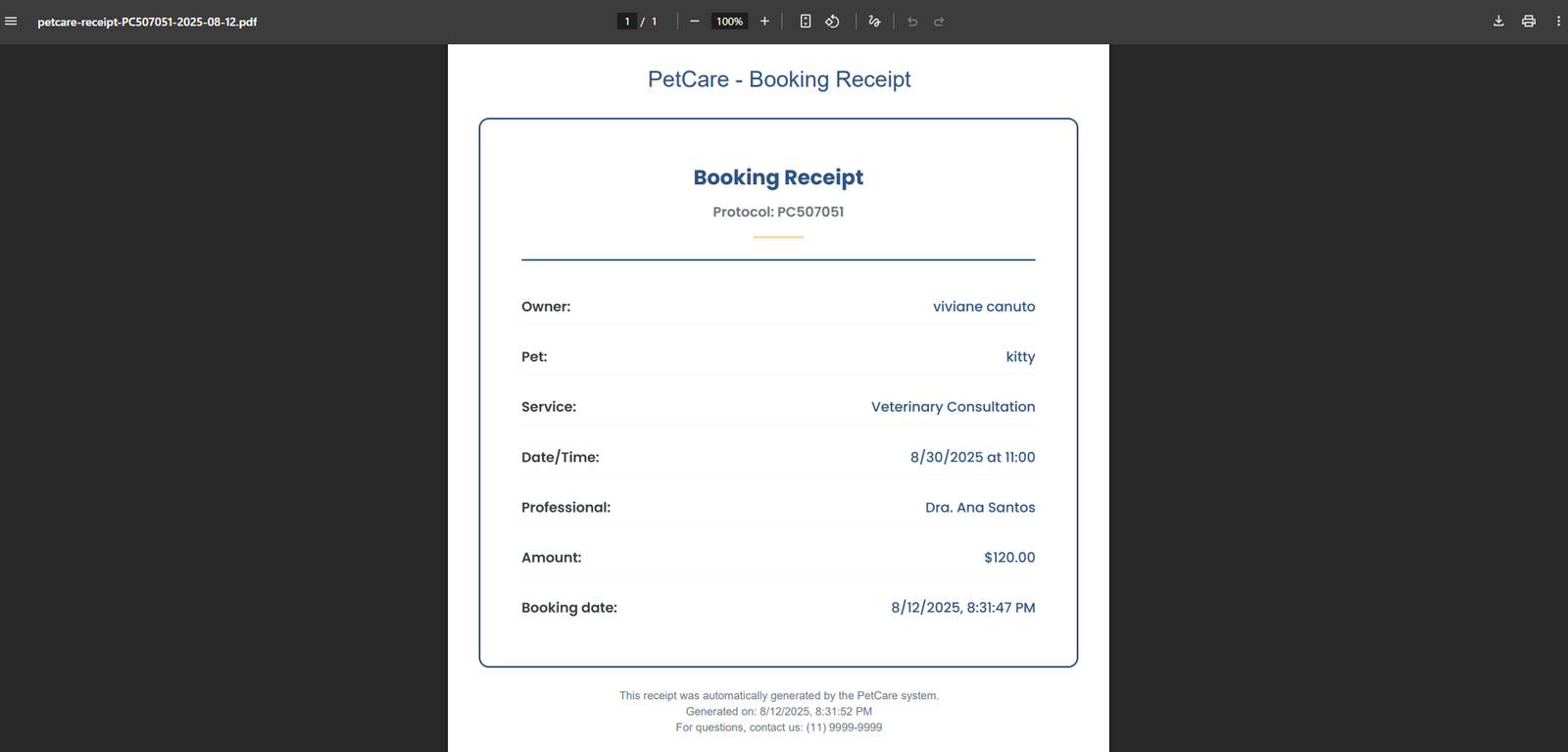 Screenshot of the PetCare Receipt