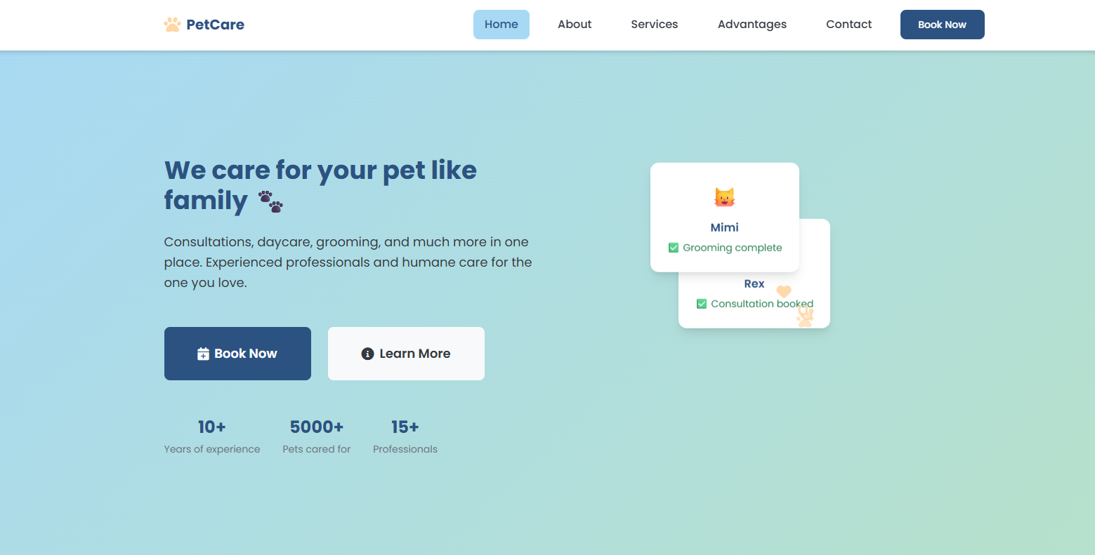 Screenshot of the PetCare Landing Page
